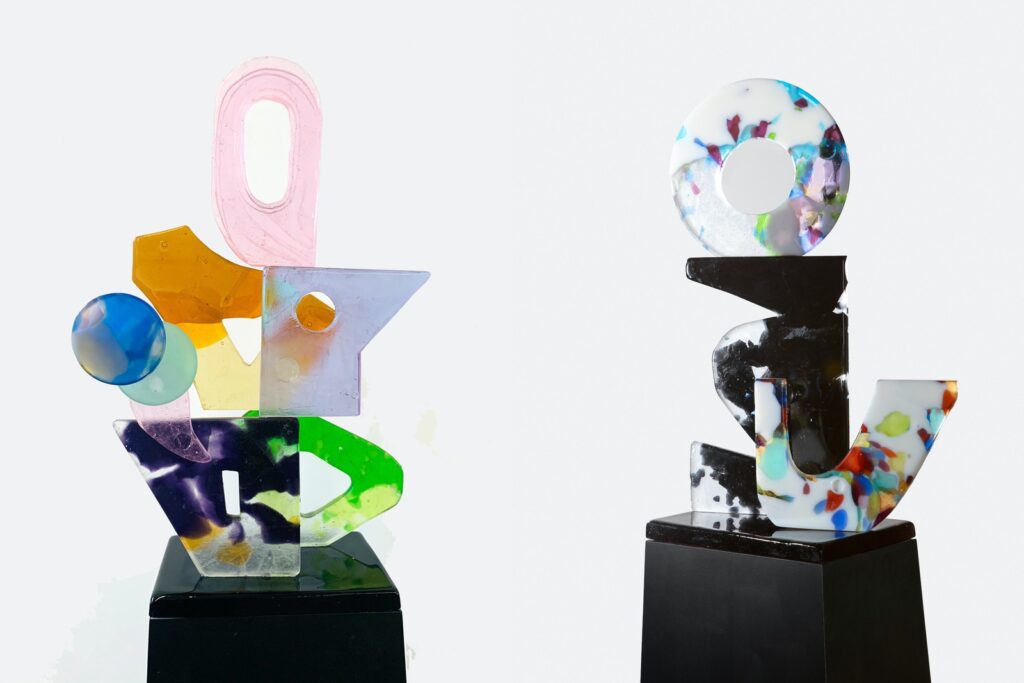 Christian Achenbach, (L) Verso (2020), (R) Eco (2019), Cast crystal glass; Image courtesy of Galerie Isa and the artist
