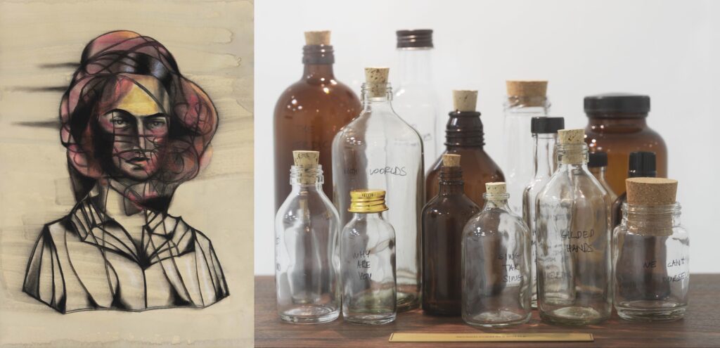 (L) Anju Dodiya, Bubble (2021), Watercolour, charcoal and soft pastel on paper; Image courtesy of Chemould Prescott Road and the artist (R) Shilpa Gupta, Untitled (2021), Bottle, vitrine, bulb; Image courtesy of Jens Ziehe