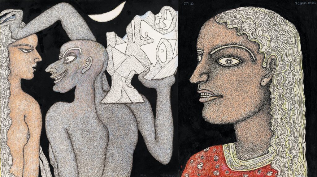 Jogen Chowdhury, (L) Untitled - Crescent Moon (R) Face of a Girl (2022), Pen and Ink with Pastels; Image courtesy of Art Exposure and the artist