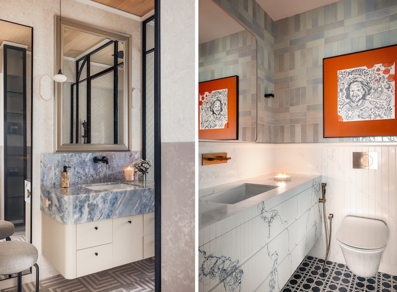 Left: The master bathroom features tiling from Kohler, a mirror from Altrove and fittings from Saoxa Fittings. Right: The eccentric bathroom features a painting from the client's collection and tiles from Bellicosa. (Image Credits: Lokesh Dang)