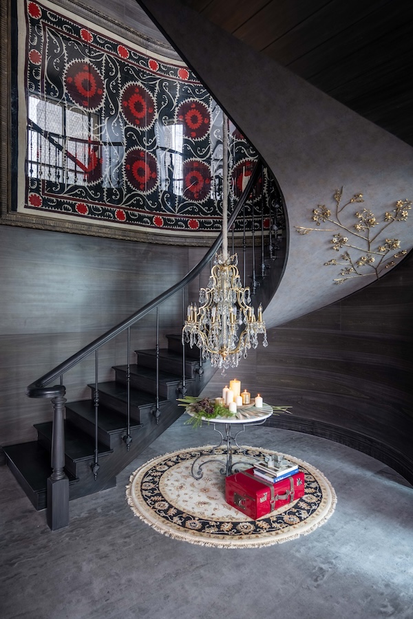 Staircase, Circular Staircase, Chandelier, Dark theme house, Grey, Black, Rug