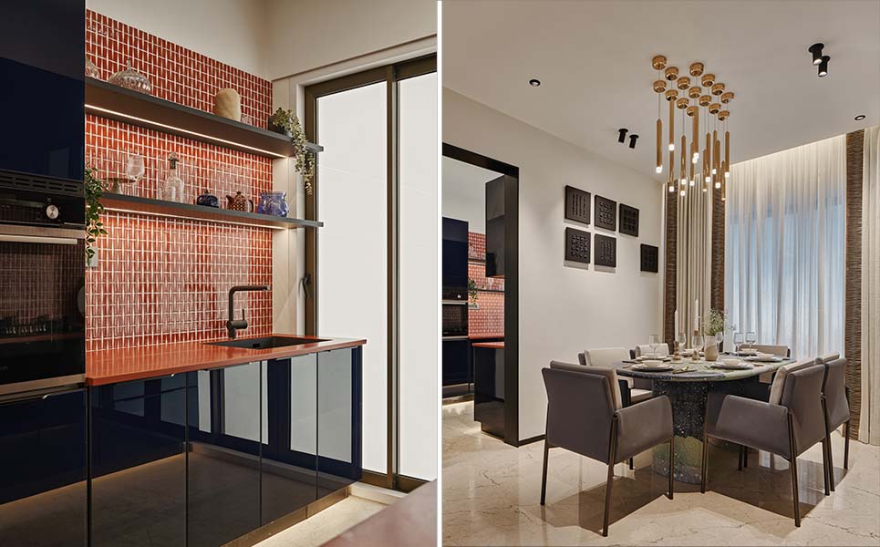 Left: The kitchen features bold hues with printed tiles and stark black cabinets striking a perfect contrast. Right: The dining area with pendant lights and terrazzo table underscores the quiet luxury vibe. (Image Credits: Courtesy of EON) 