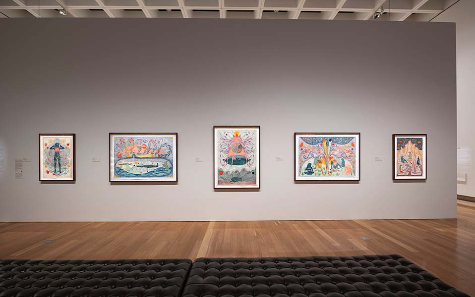 Installation view of ‘Terraformations’ by Rithika Merchant, 2023, Gouache, watercolours and ink on paper, (Image Credits: Nicholas Umek, Courtesy of QAGOMA)