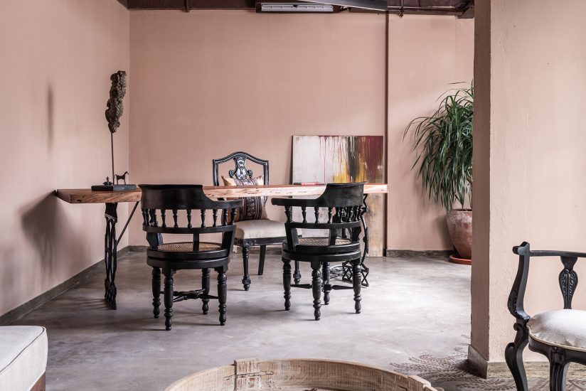 pink walls, vintage chair, furniture, office, bangalore