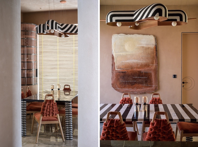 Right: The dining area features Veev chairs by Design By DHEX while the paste hues is from Colour Coats. Left: The stripped lamp is from Design By DH. (Image Credits: Wabi Sabi)