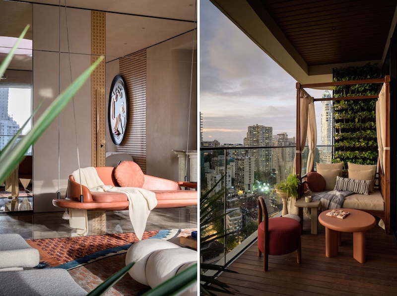  Right: The living room features a swing from P.O.D. and artwork by DesignHex. Left: The cabana, armchair and table on the balcony are by Deetee Homes and the flooring is by Royal. (Image Credits: Wabi Sabi)