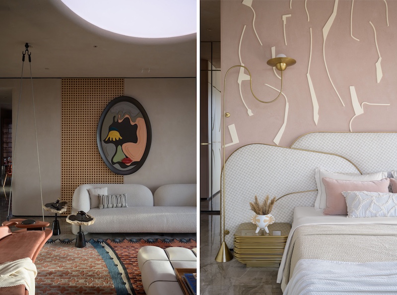  Left: The living room features layering with a tinge of balance in perfect harmony. Right: The master bedroom with pastel hues and gold accents gives subtle lessons of layering. (Image Credits: Wabi Sabi) 