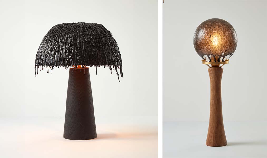 Left: Leaky Lamp I emulates the oil spill shrouding a deeper meaning. Right: Leaky Lamp II exudes an ambient glow of streetlights. (Image Credits: Courtesy of Adorno) 